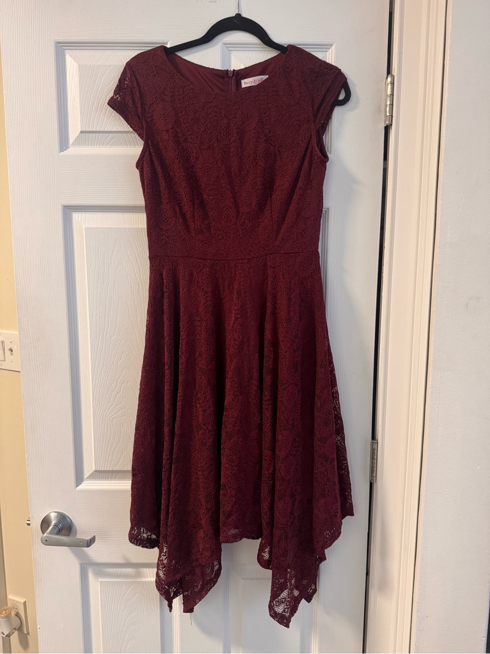 Wine Lace Handkerchief Hem Dress